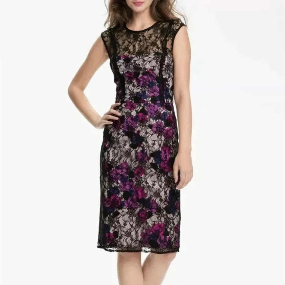 French Connection Pink & Black Floral Lace Overlay Cocktail Dress Size 2